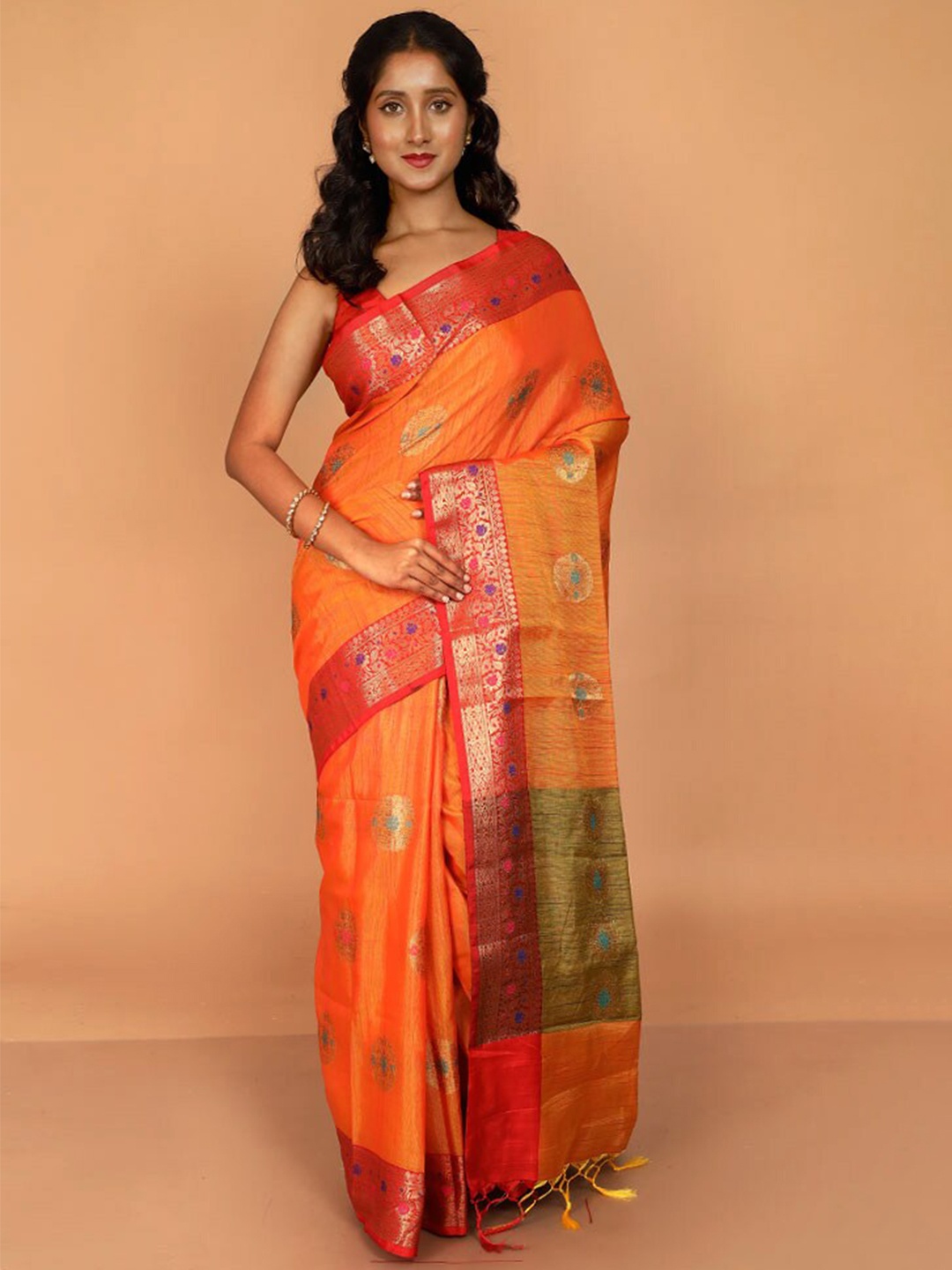 

AllSilks Floral Motif Woven Design Zari Kota Saree, Orange