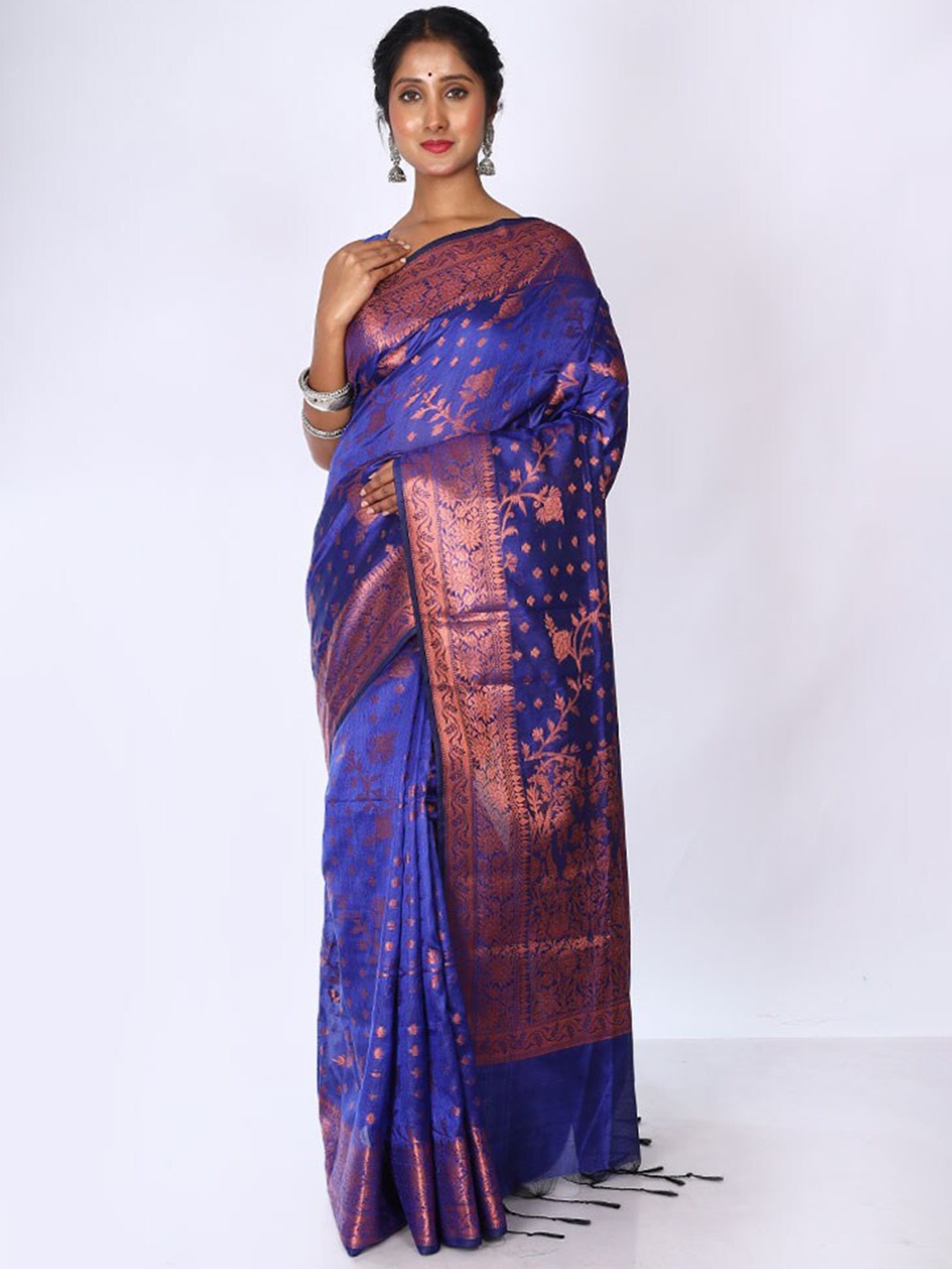 

AllSilks Floral Motif Woven Design Zari Kota Saree, Blue