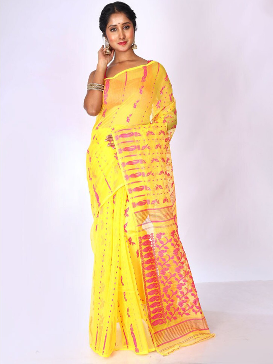 

AllSilks Ethnic Motif Woven Design Taant Saree, Yellow
