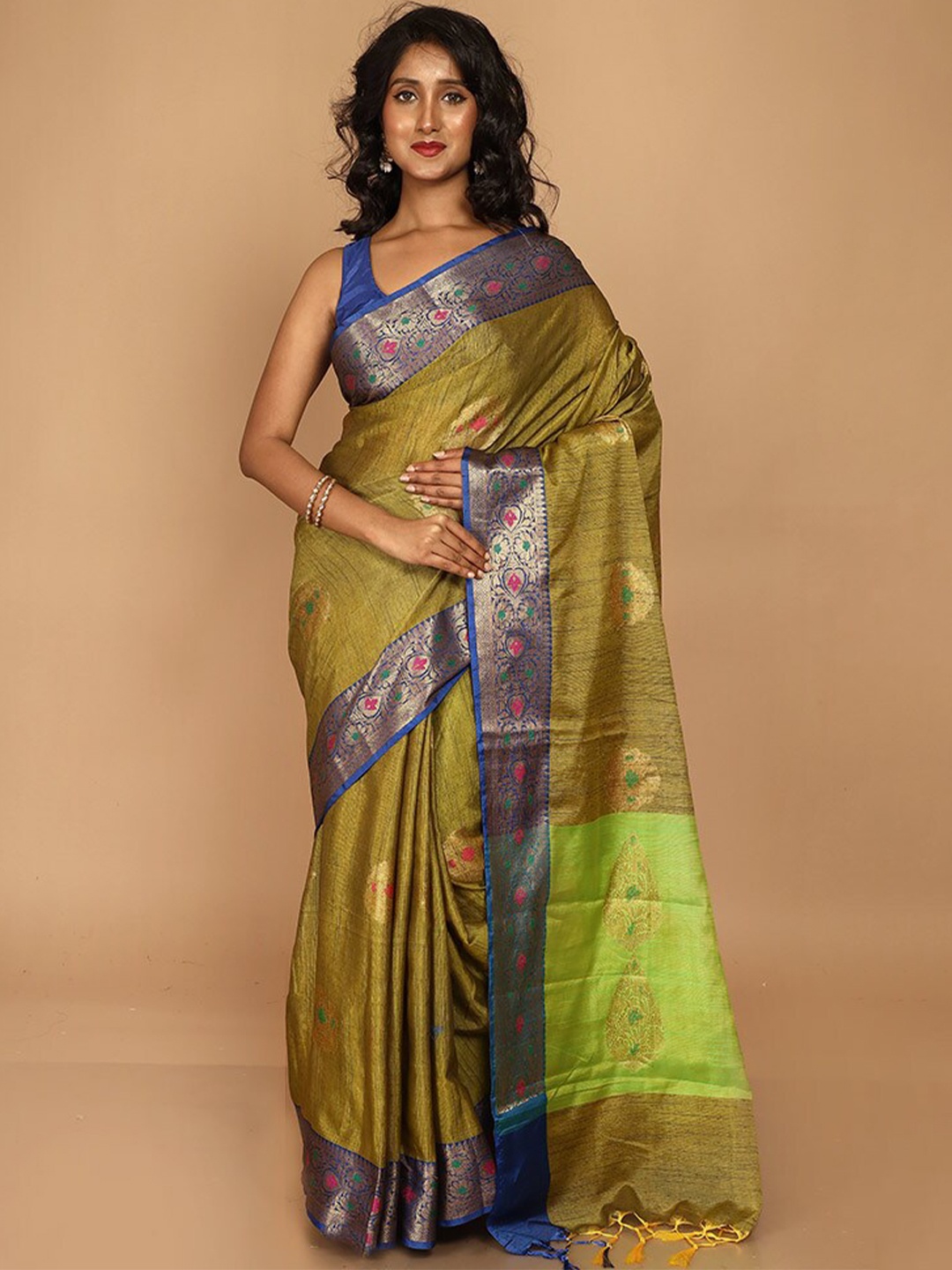 

AllSilks Floral Motif Woven Design Zari Kota Saree, Olive