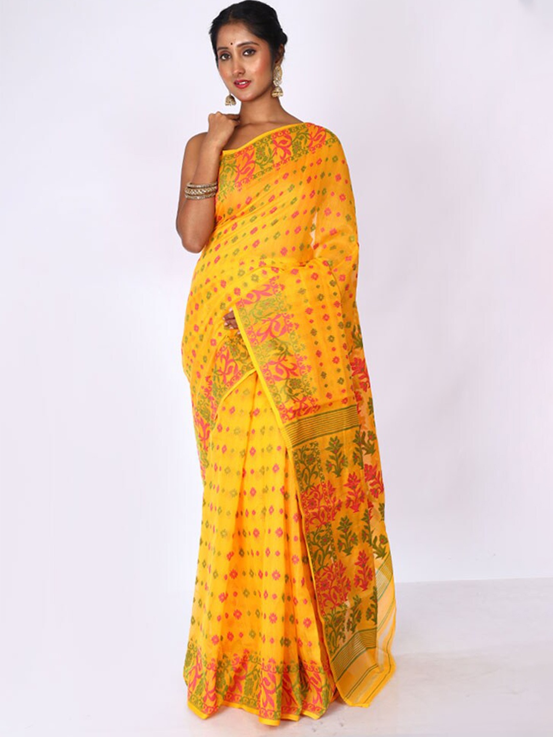 

AllSilks Floral Motif Woven Design Taant Saree, Yellow