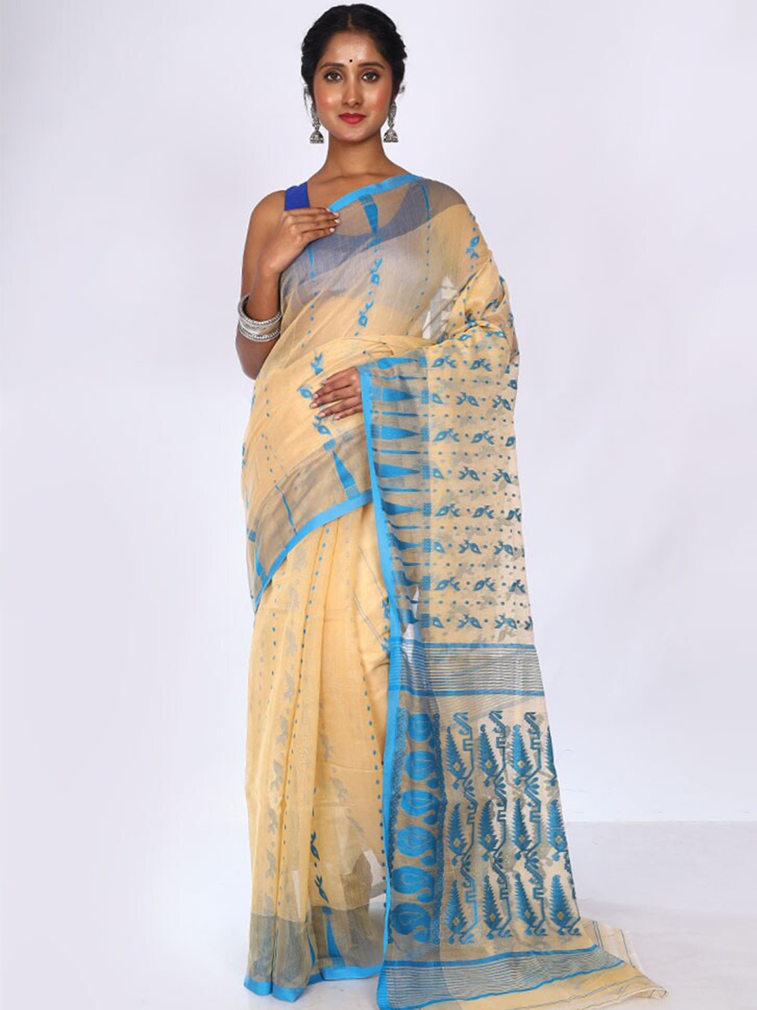

AllSilks Ethnic Motif Woven Design Taant Saree, Cream