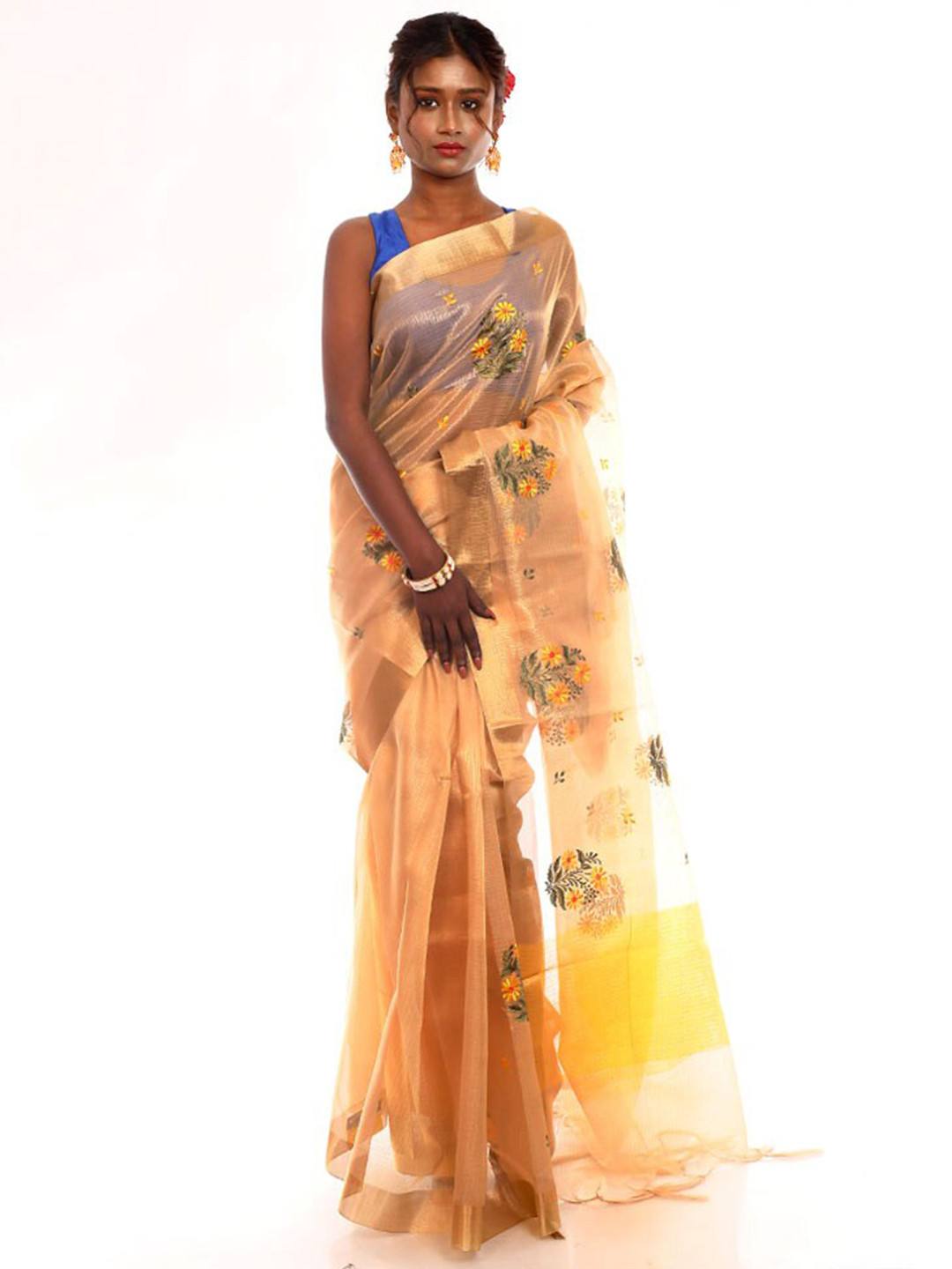 

AllSilks Floral Embroidered Zari Saree, Cream