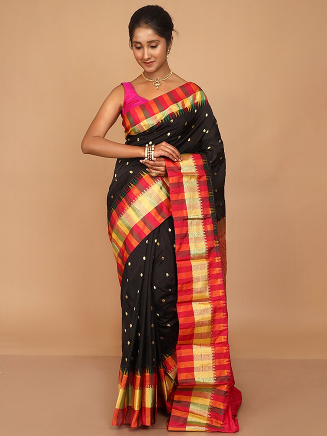 

AllSilks Woven Design Kanjeevaram Saree With Contrasting Striped Border, Black