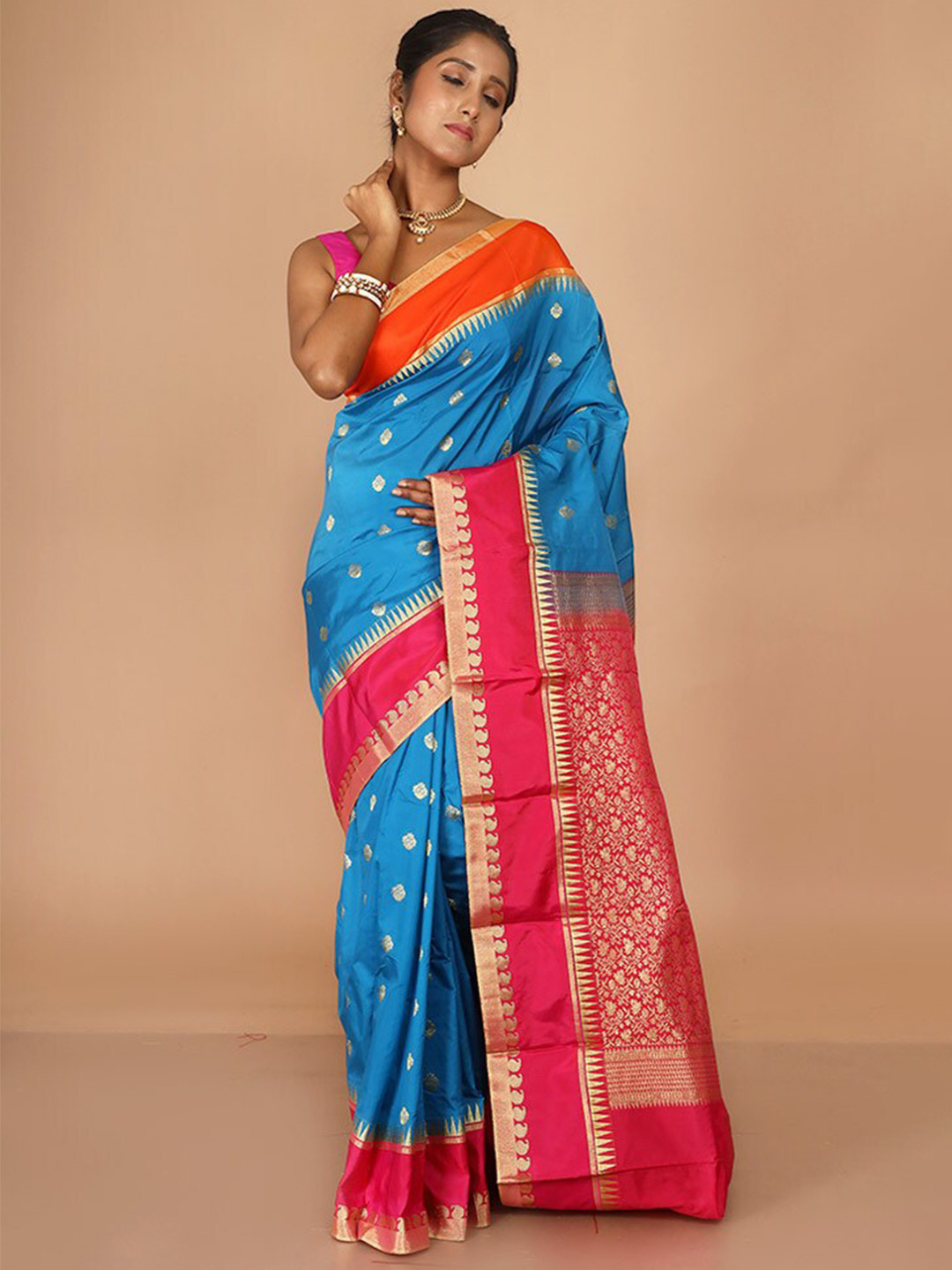 

AllSilks Woven Design Kanjeevaram Saree With Contrasting Border, Blue