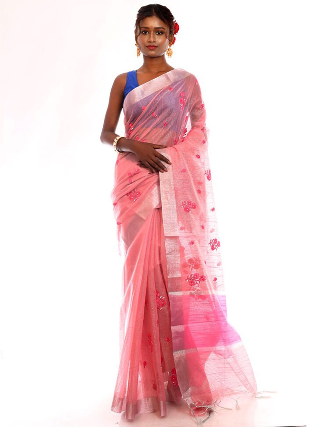 

AllSilks Floral Embroidered Linen Silk Saree, Pink