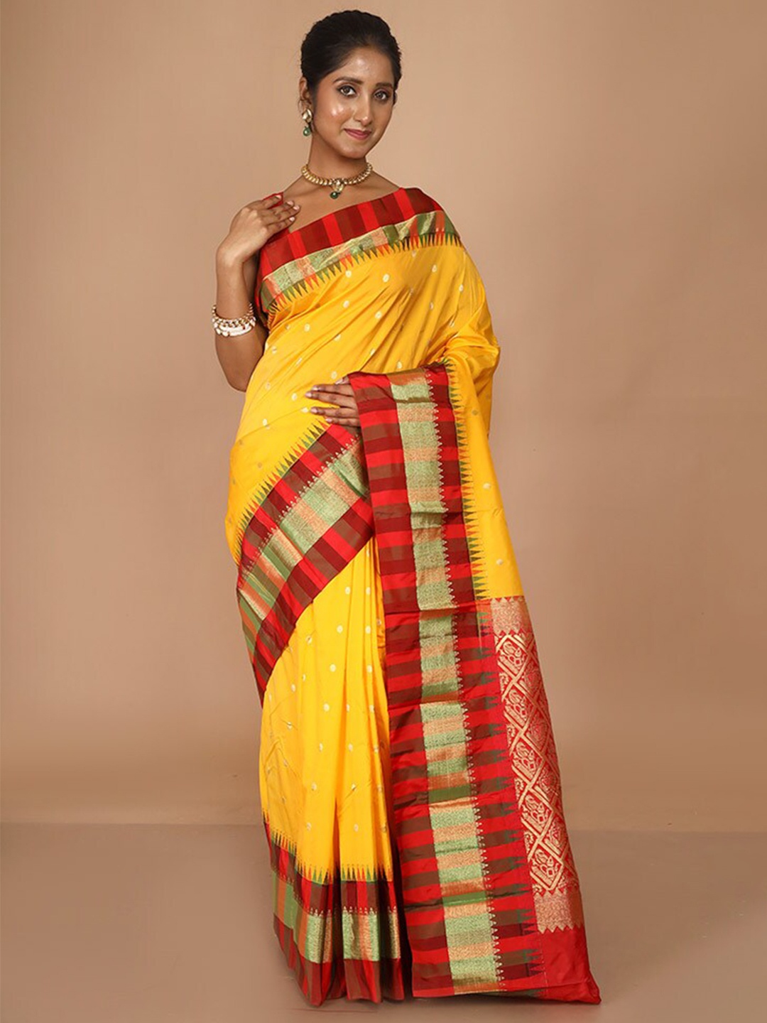 

AllSilks Woven Design Kanjeevaram Saree With Contrasting Striped Border, Yellow