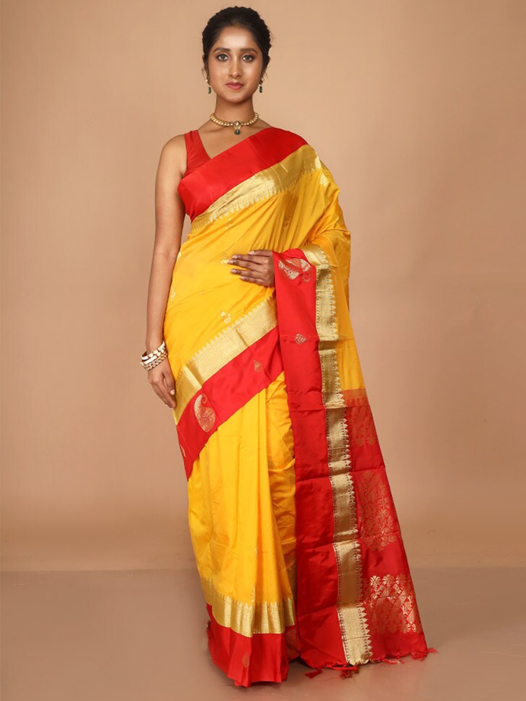 

AllSilks Polka Dots Woven Design Kanjeevaram Saree With Contrasting Border, Yellow