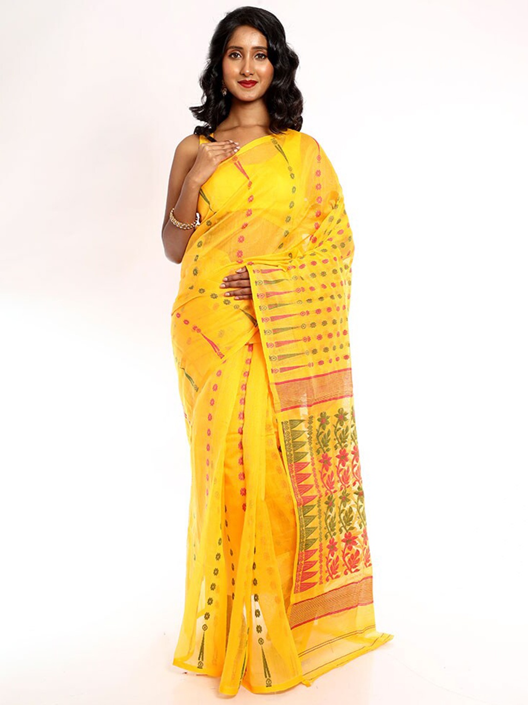 

AllSilks Woven Design Taant Jamdani Saree, Yellow