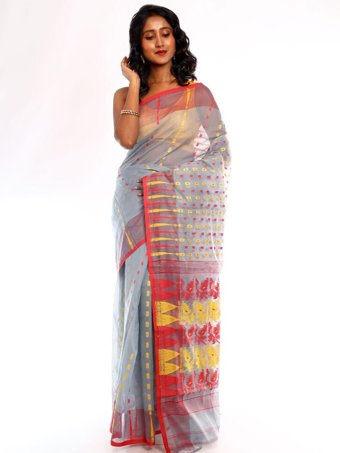 

AllSilks Woven Design Taant Jamdani Saree, Grey