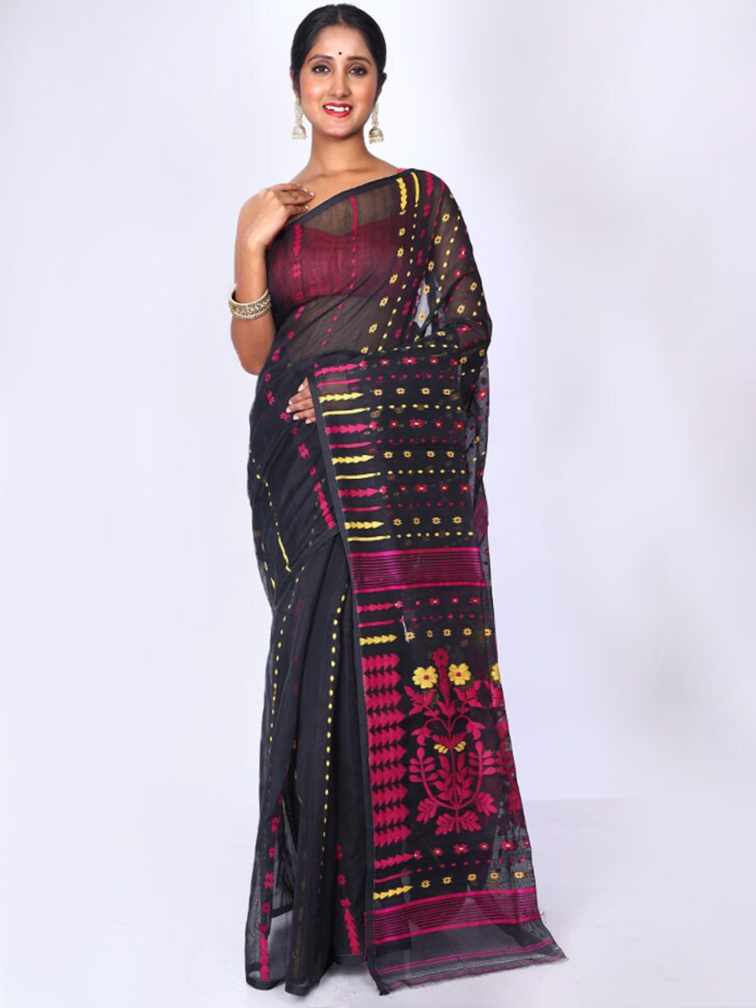 

AllSilks Woven Design Taant Jamdani Saree, Black