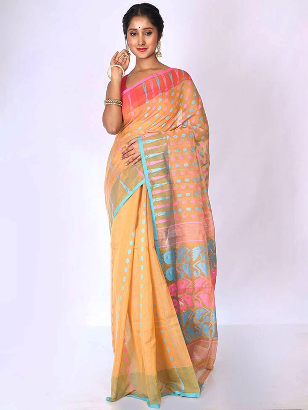 

AllSilks Woven Design Taant Jamdani Saree, Beige