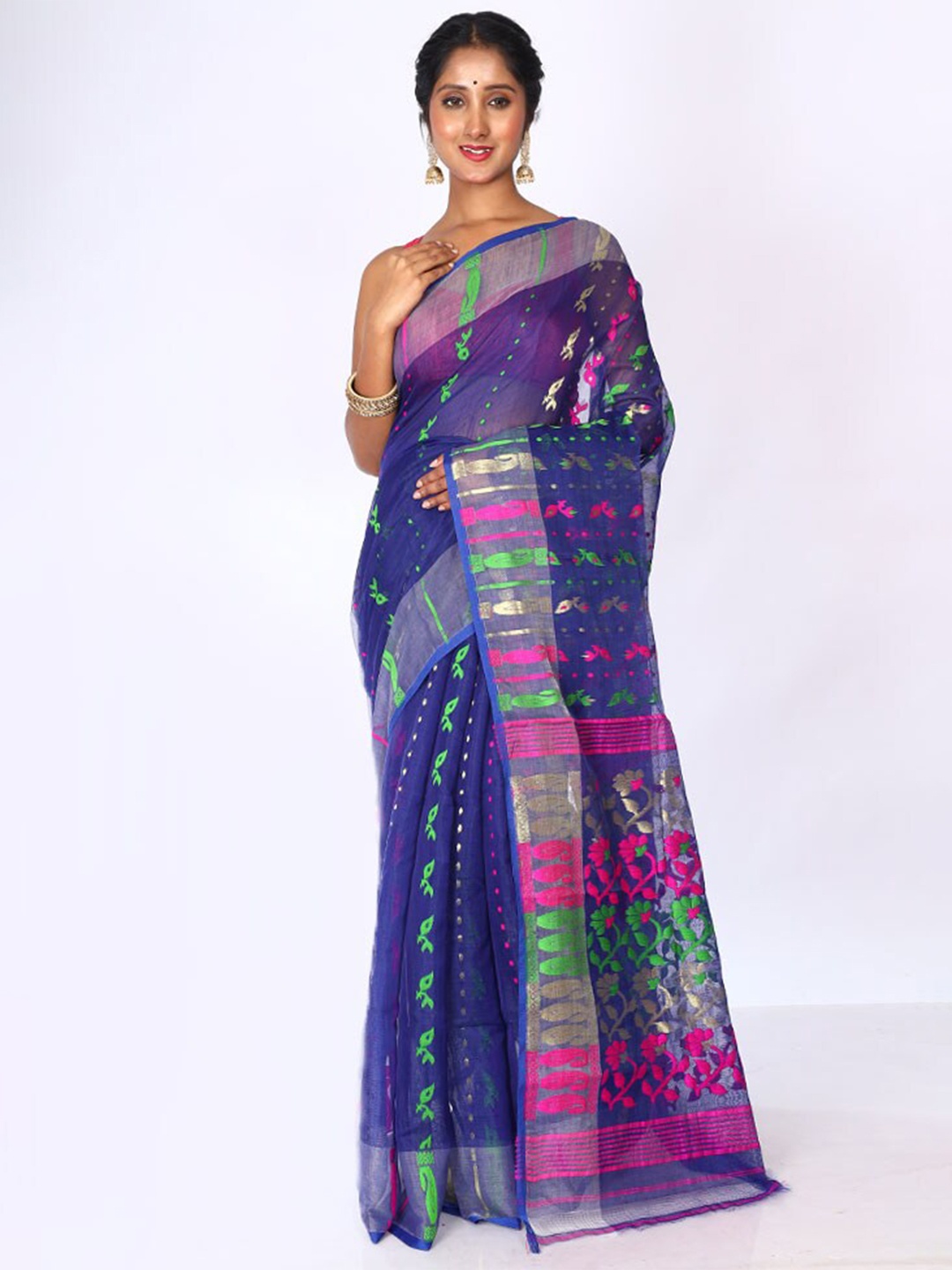 

AllSilks Woven Design Taant Jamdani Saree, Navy blue