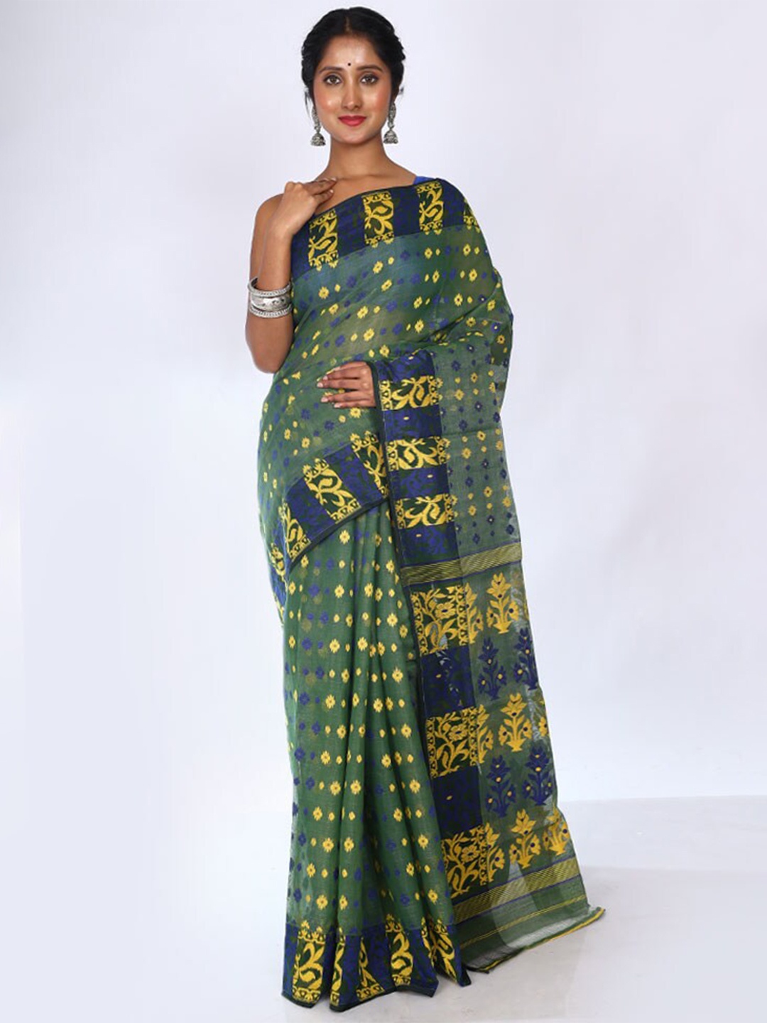 

AllSilks Woven Design Zari Taant Jamdani Saree, Green