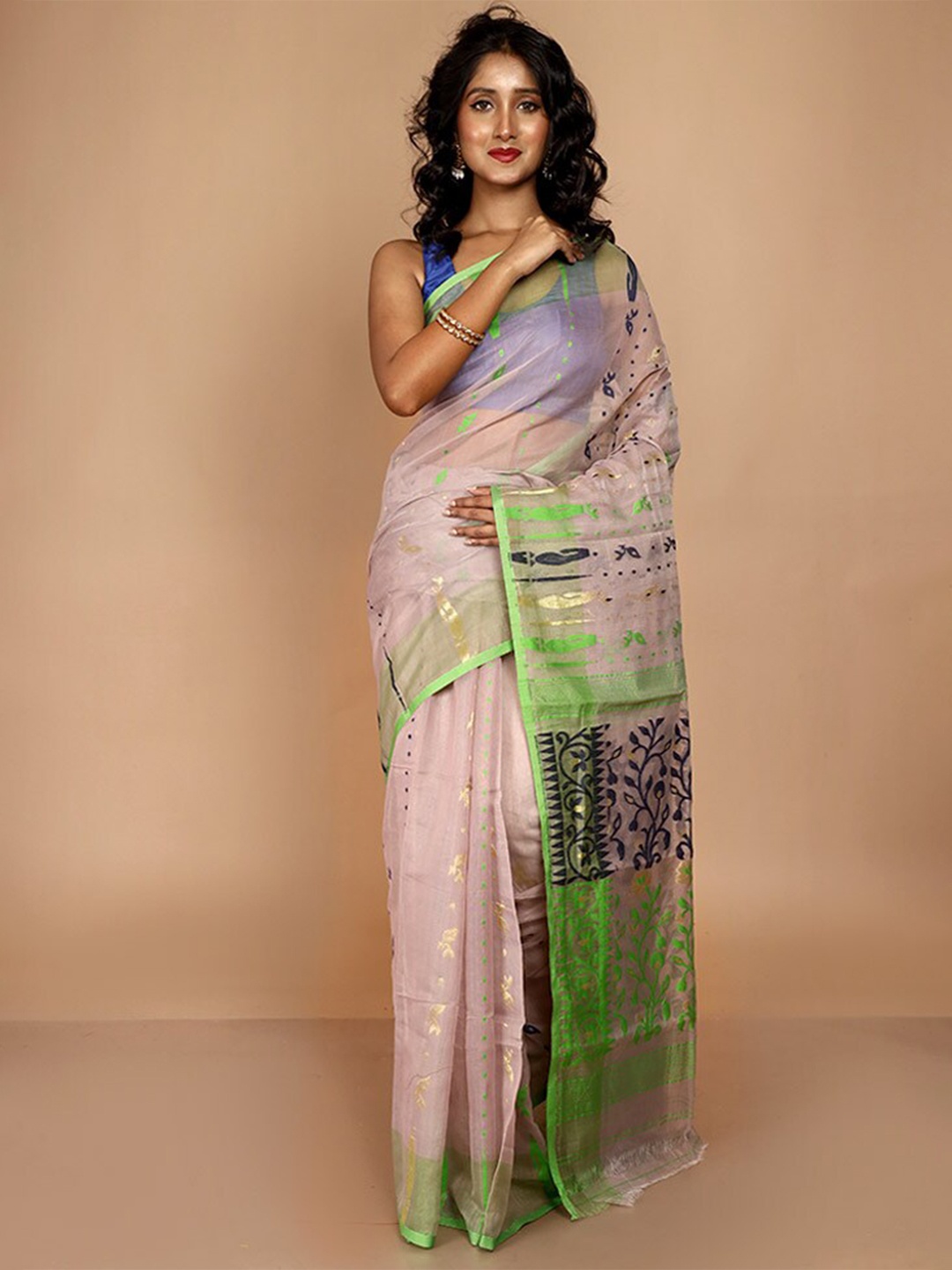 

AllSilks Woven Design Taant Jamdani Saree, Grey