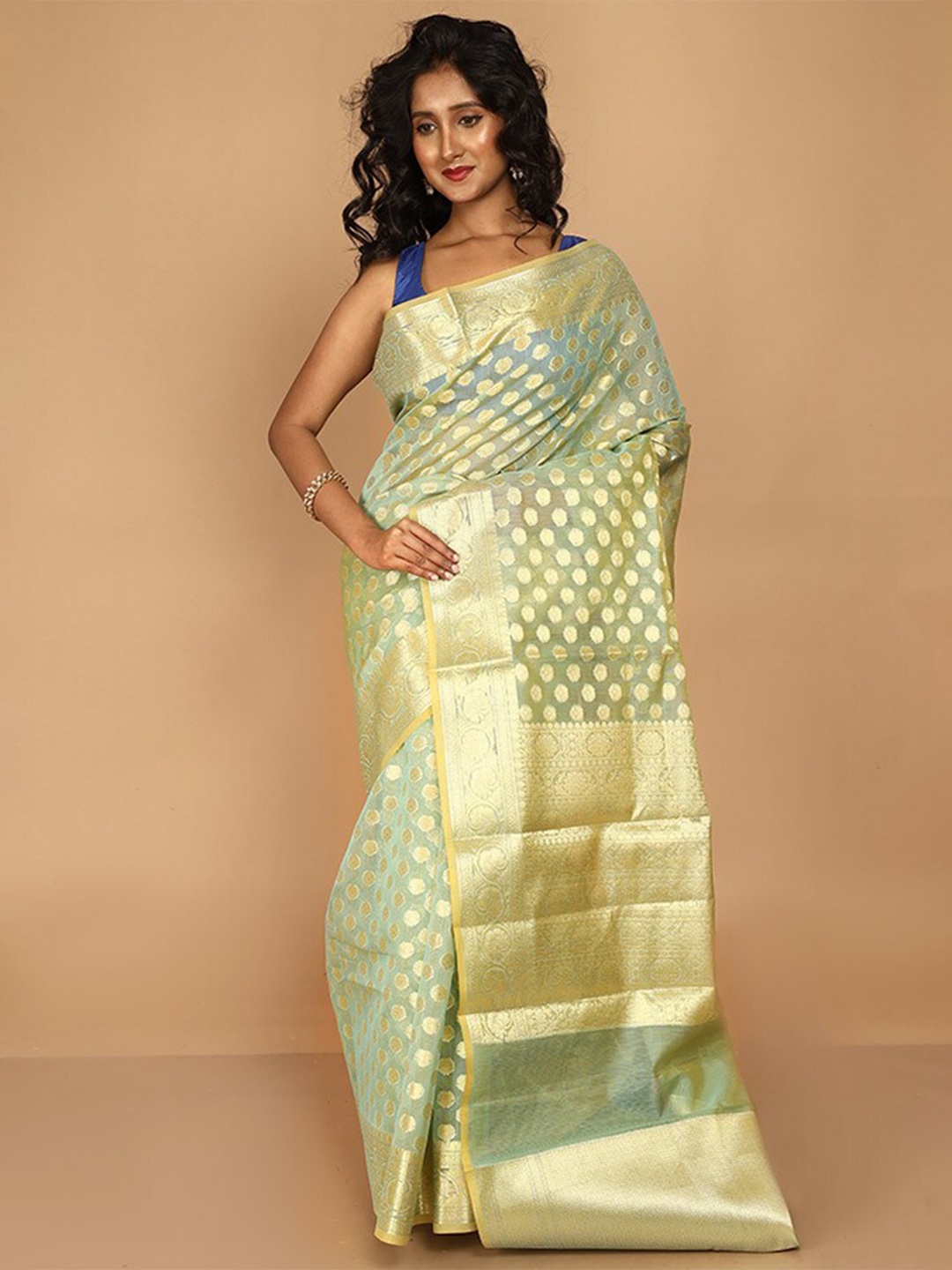 

AllSilks Polka Dots Woven Design Zari Kora Silk Kota Saree, Gold