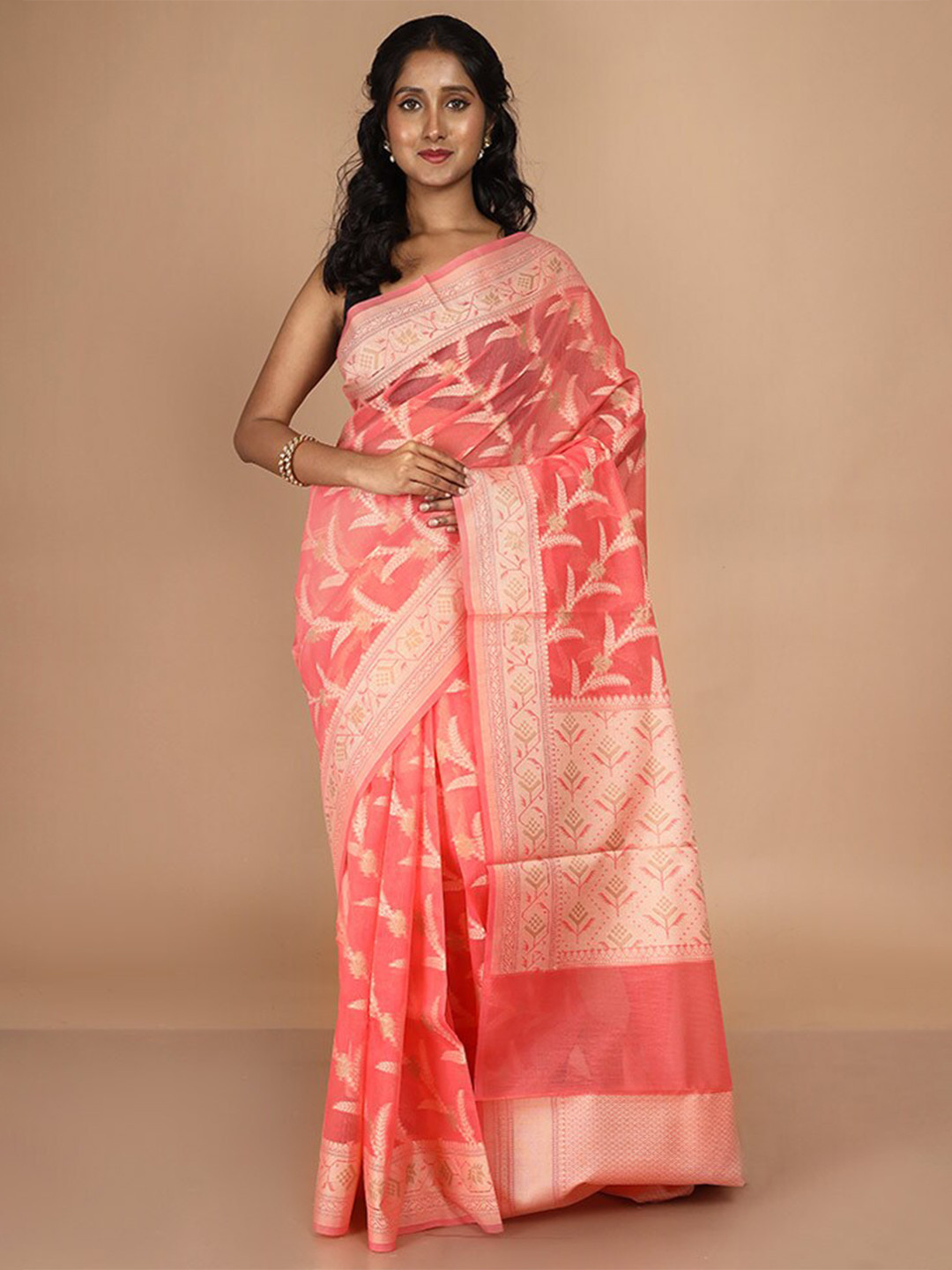 

AllSilks Floral Woven Design Zari Cotton Silk Saree, Pink