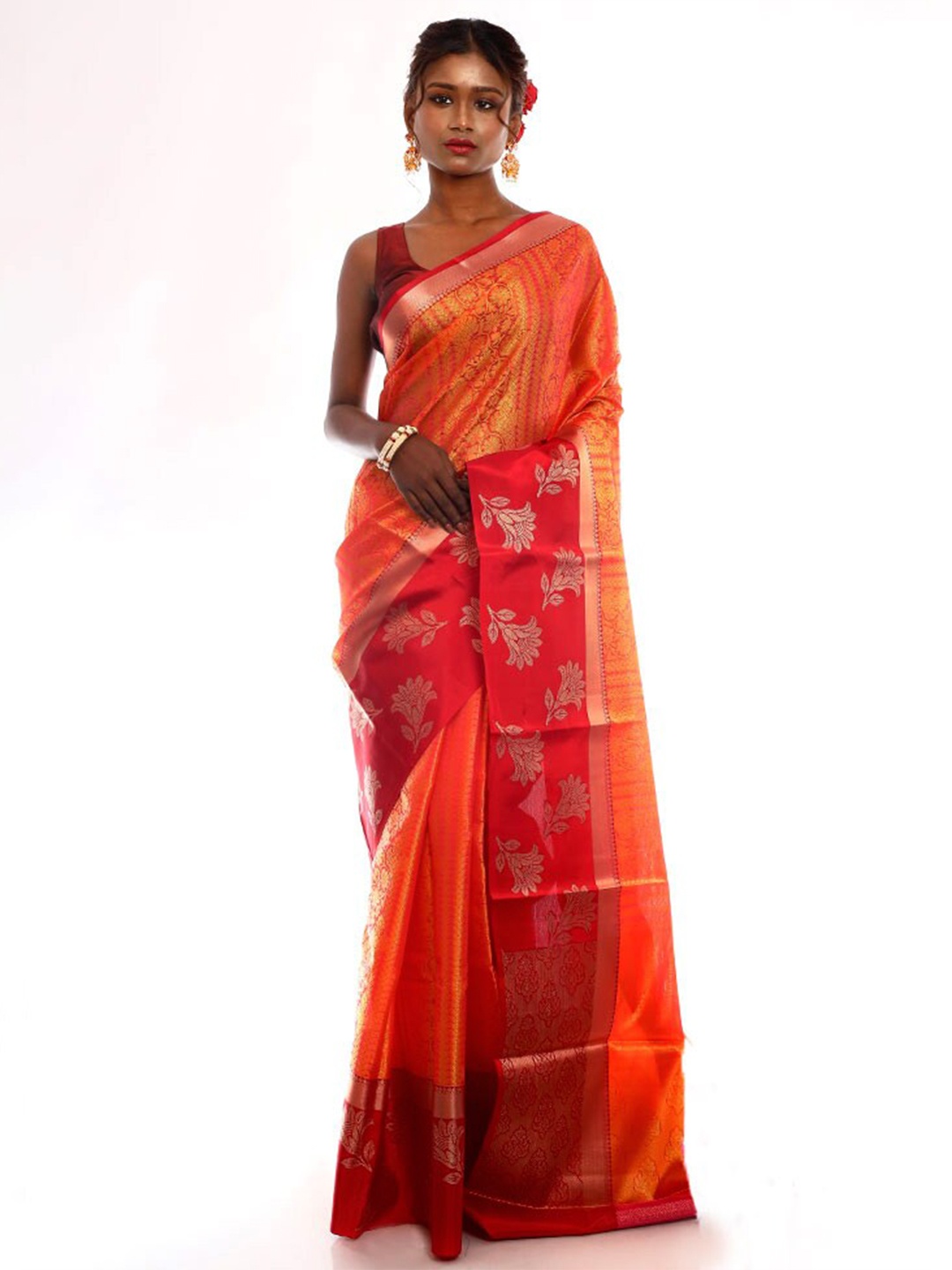 

AllSilks Floral Woven Design Zari Kota Saree, Orange