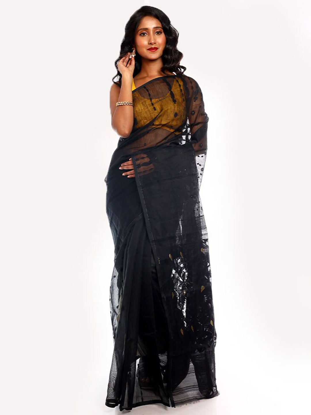 

AllSilks Paisley Woven Design Taant Jamdani Saree, Black