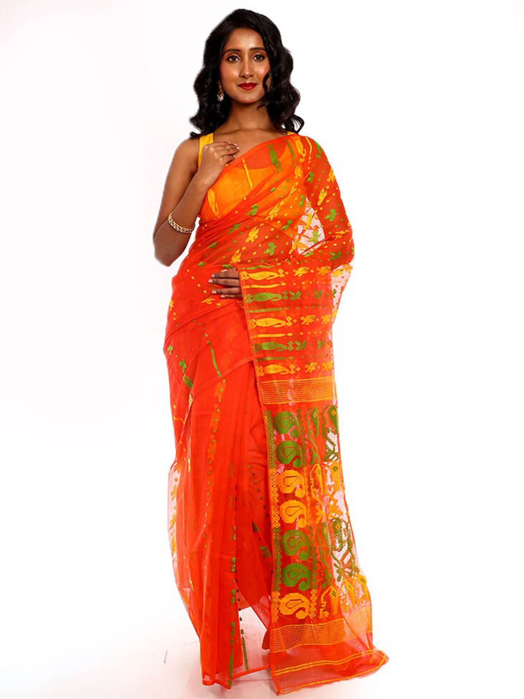 

AllSilks Paisley Woven Design Taant Jamdani Saree, Rust