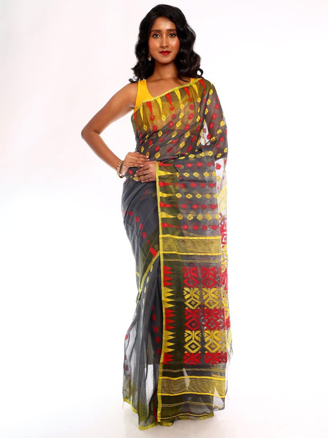 

AllSilks Floral Woven Design Taant Saree, Grey