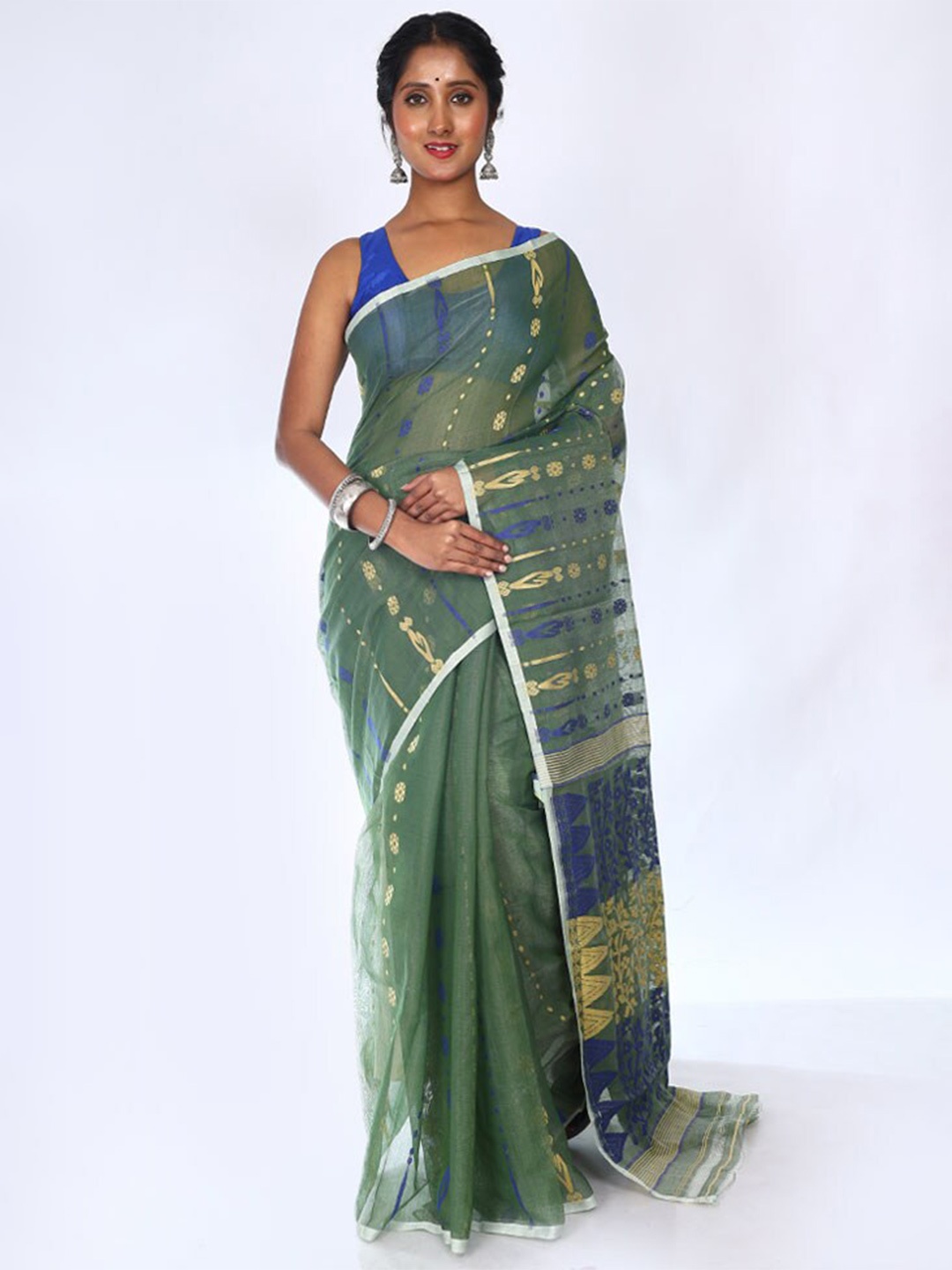 

AllSilks Floral Woven Design Taant Jamdani Saree, Olive