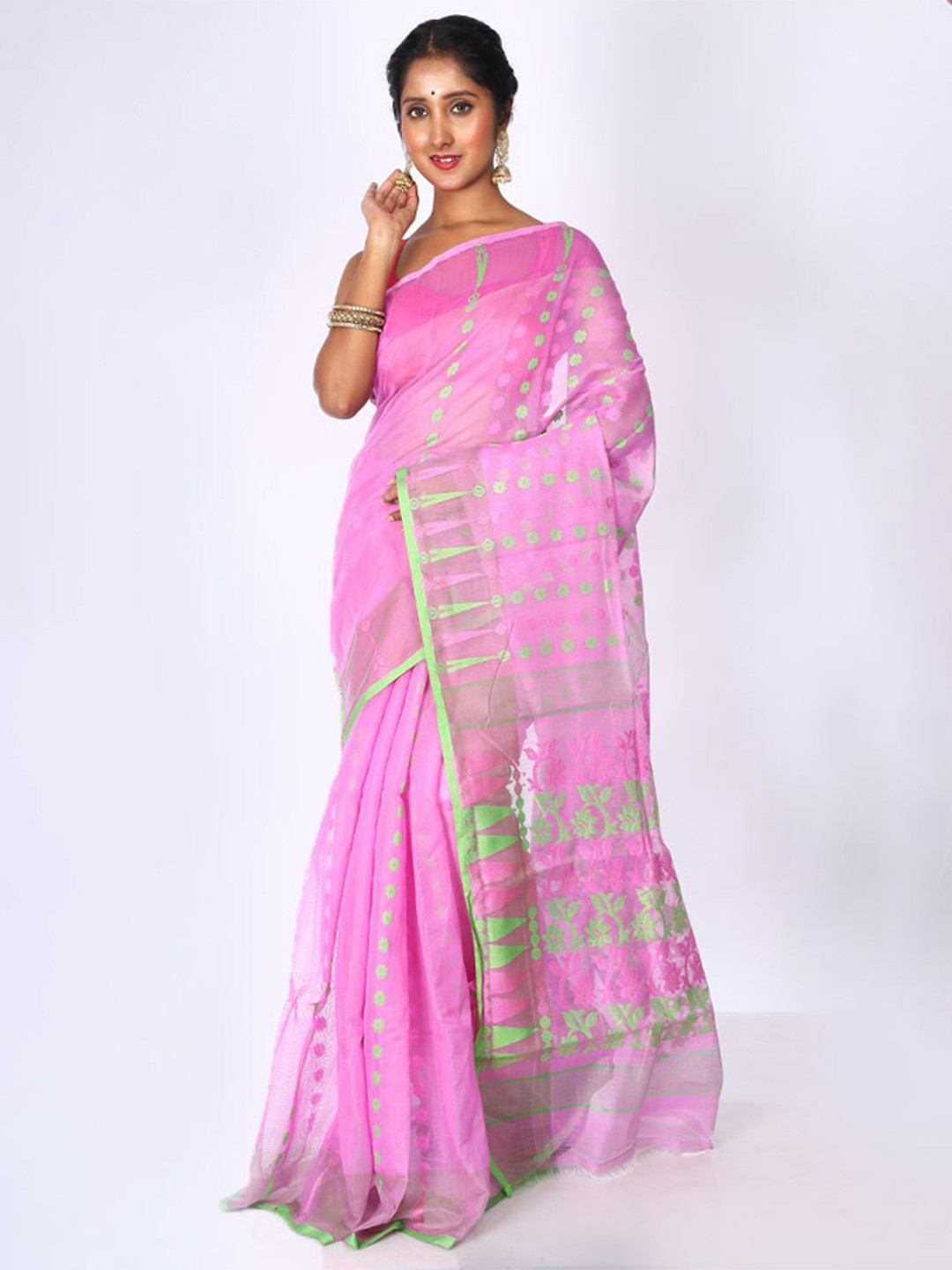 

AllSilks Floral Woven Design Taant Jamdani Saree, Pink