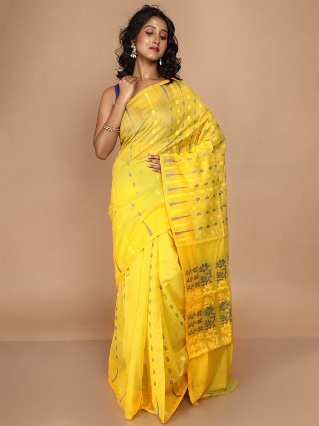 

AllSilks Floral Woven Design Taant Jamdani Saree, Yellow