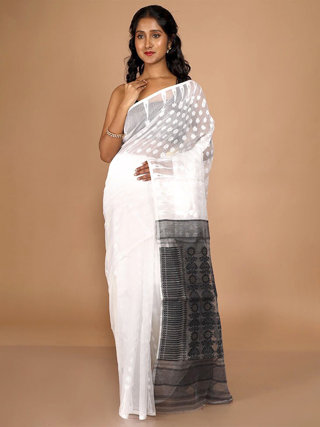 

AllSilks Floral Woven Design Taant Jamdani Saree, White