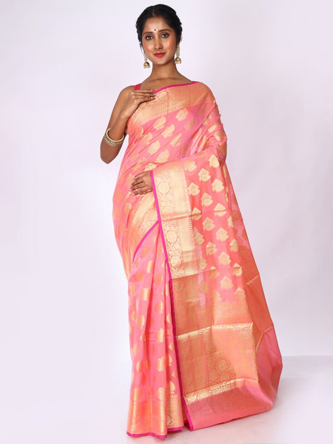 

AllSilks Ethnic Motifs Woven Design Zari Kota Saree, Pink