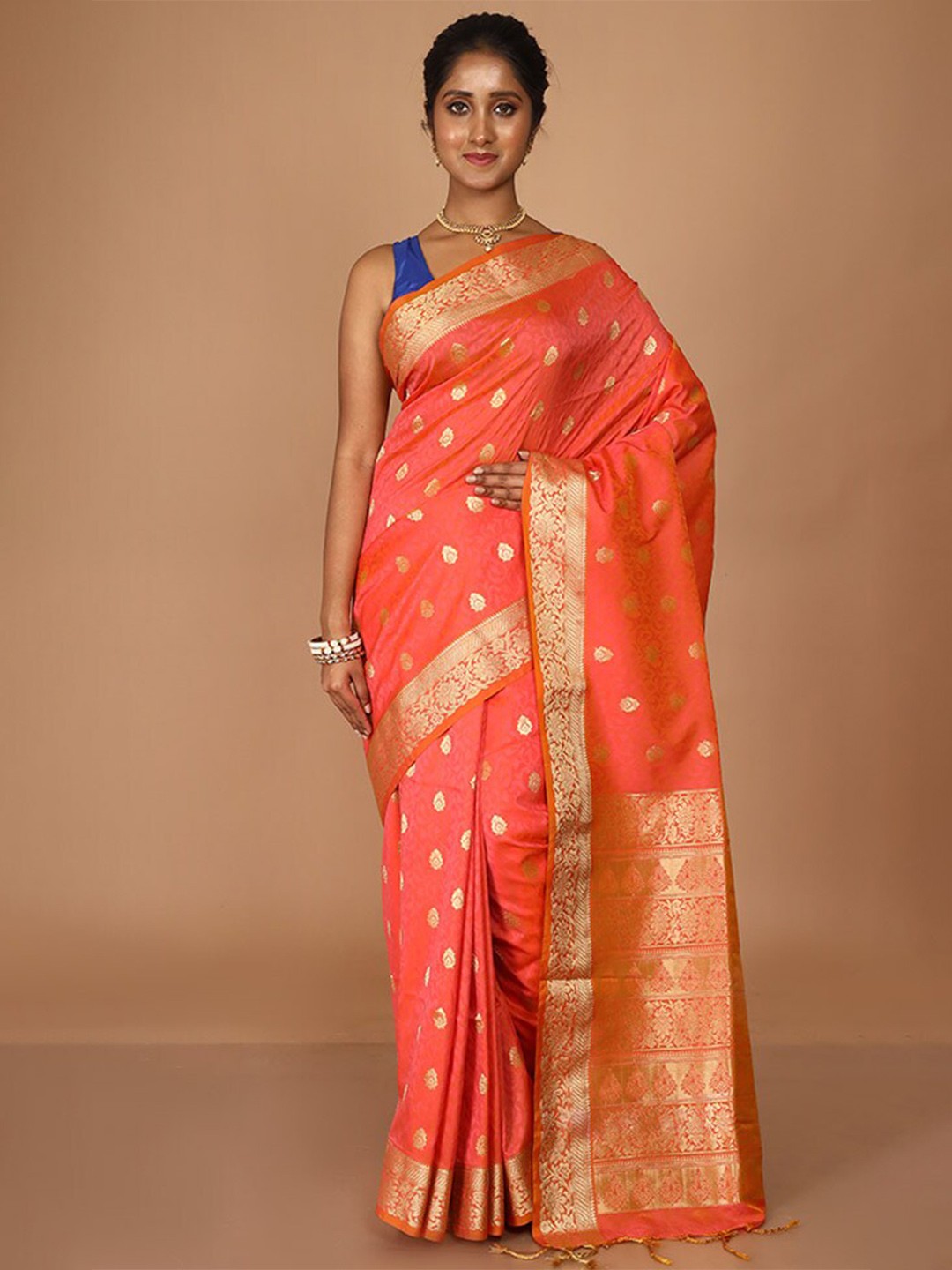 

AllSilks Ethnic Motifs Woven Design Zari Kanjeevaram Saree, Peach