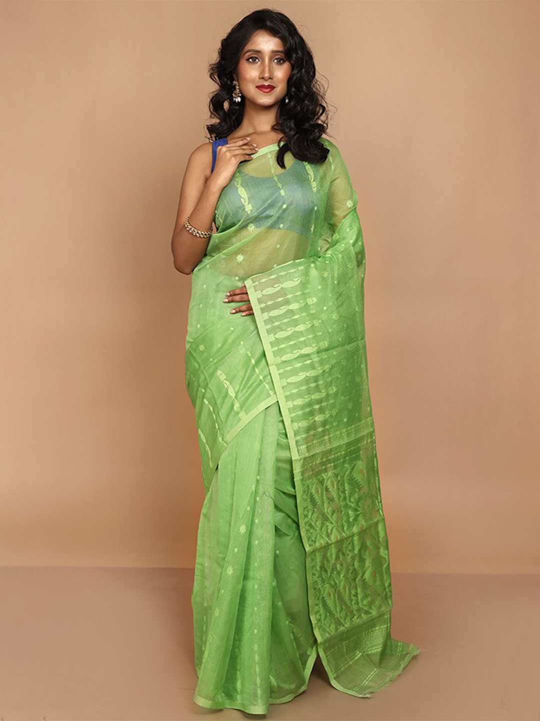

AllSilks Paisley Woven Design Taant Jamdani Saree, Green