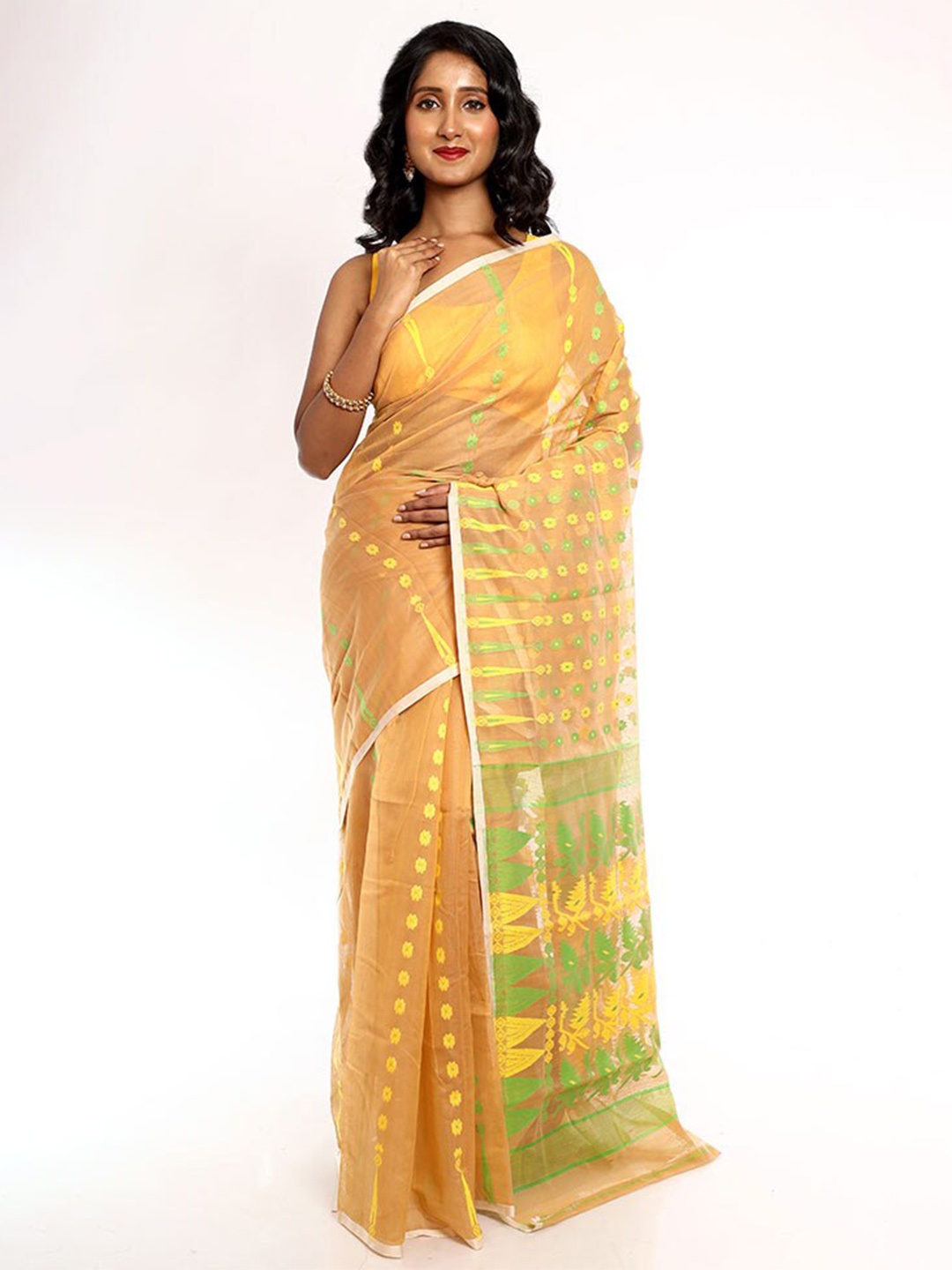 

AllSilks Floral Woven Design Taant Jamdani Saree, Cream