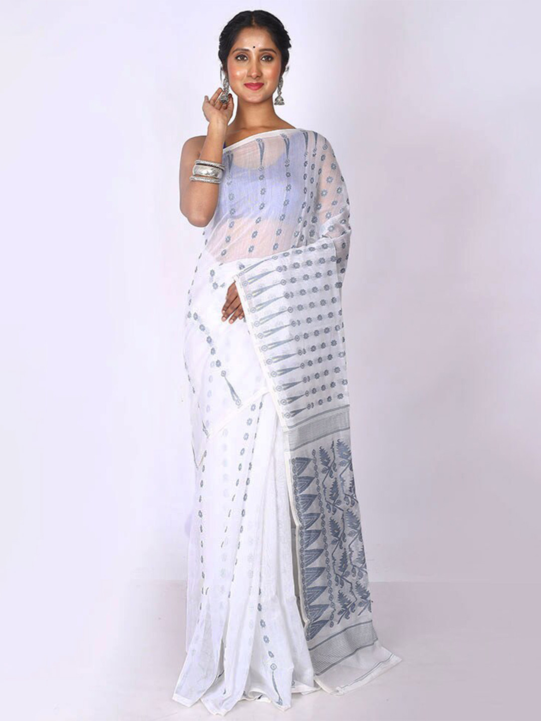 

AllSilks Floral Woven Design Taant Saree, White