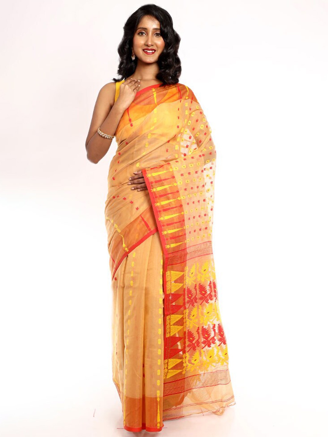 

AllSilks Woven Design Taant Saree, Cream