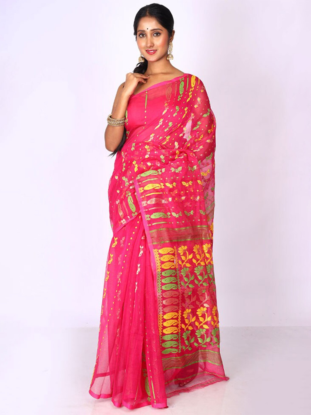 

AllSilks Ethnic Motif Woven Design Taant Saree, Pink