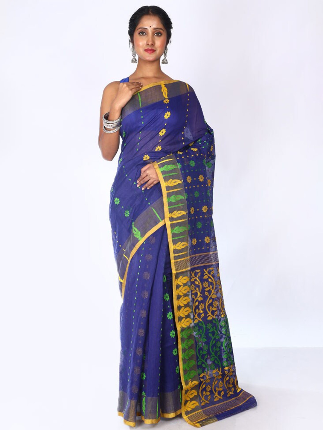 

AllSilks Floral Woven Design Taant Saree, Navy blue