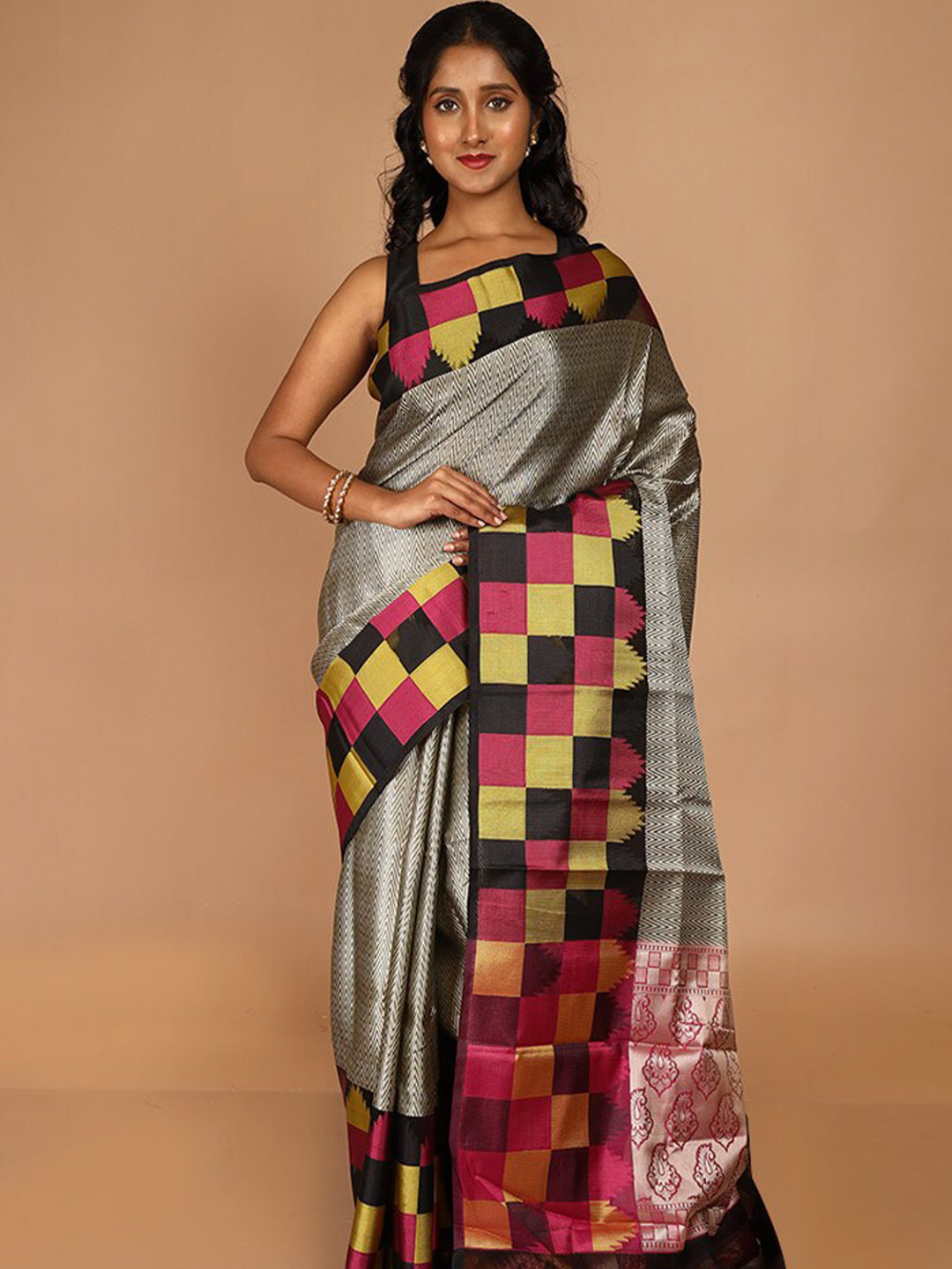 

AllSilks Chevron Woven Design Zari Kota Saree, Grey