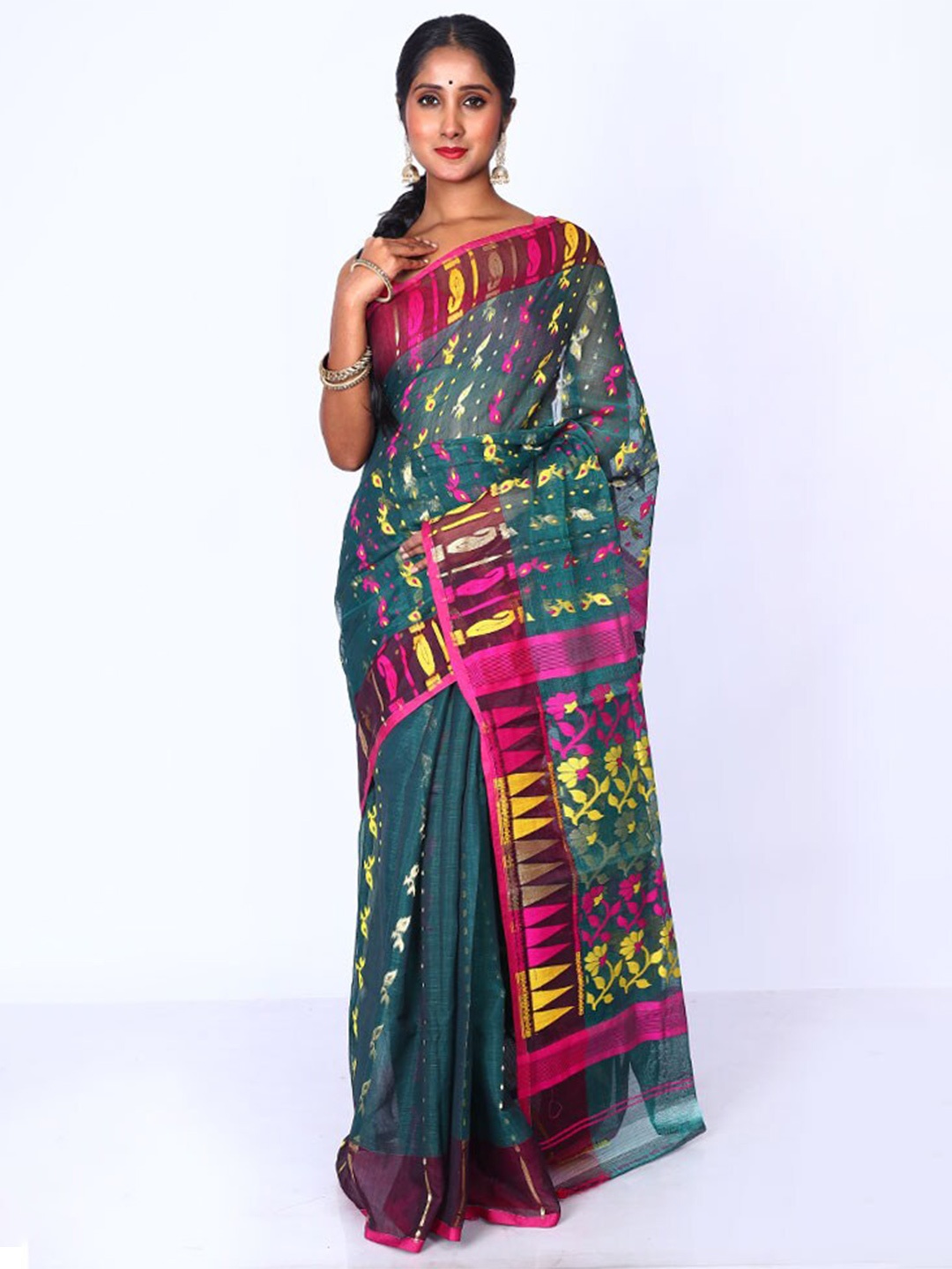 

AllSilks Ethnic Motif Woven Design Taant Saree, Green