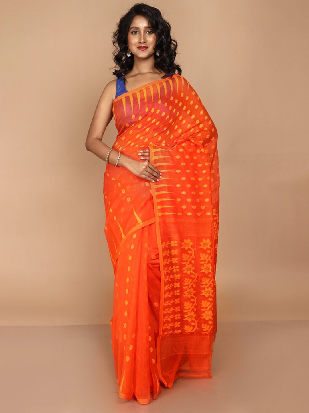 

AllSilks Floral Woven Design Taant Saree, Orange