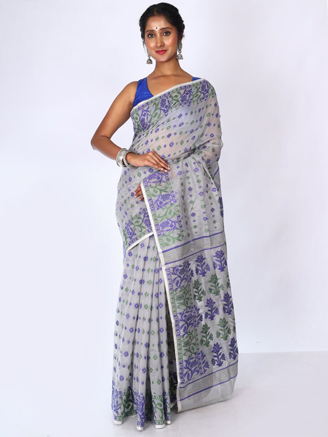 

AllSilks Floral Woven Design Taant Saree, Grey