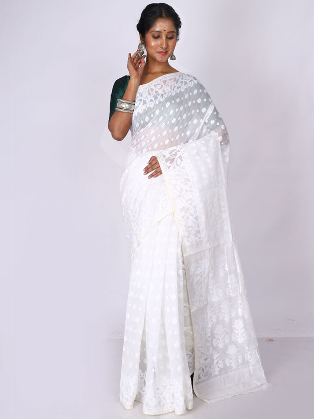 

AllSilks Floral Woven Design Taant Saree, White