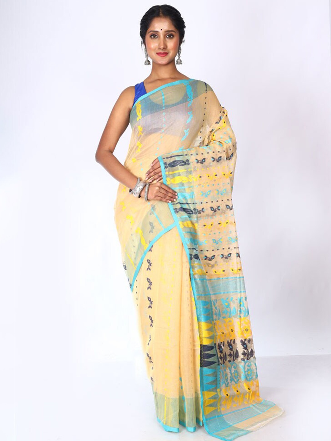 

AllSilks Ethnic Motif Woven Design Taant Saree, Cream