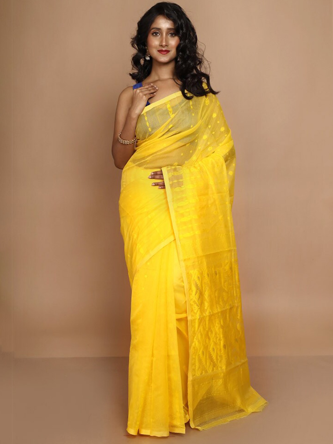 

AllSilks Floral Woven Design Taant Saree, Yellow