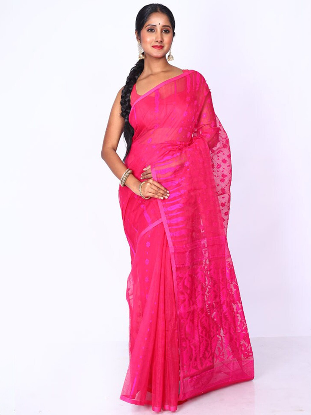 

AllSilks Floral Woven Design Taant Saree, Pink