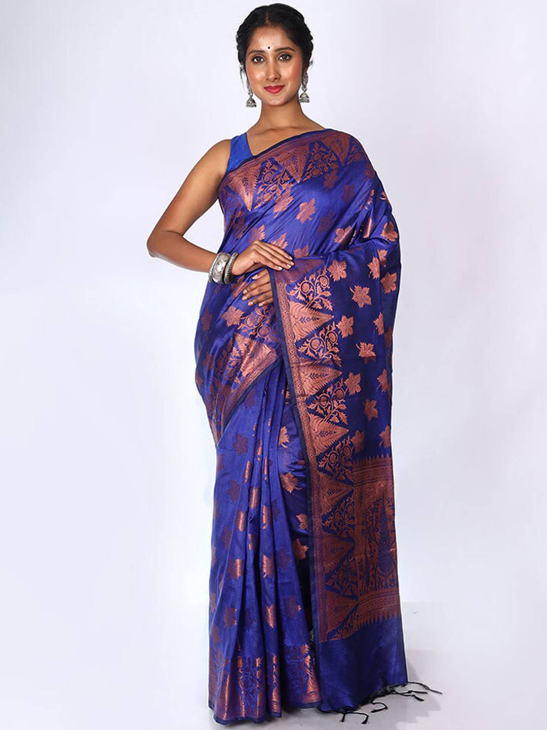

AllSilks Blue & Copper-Toned Woven Design Zari Kota Saree