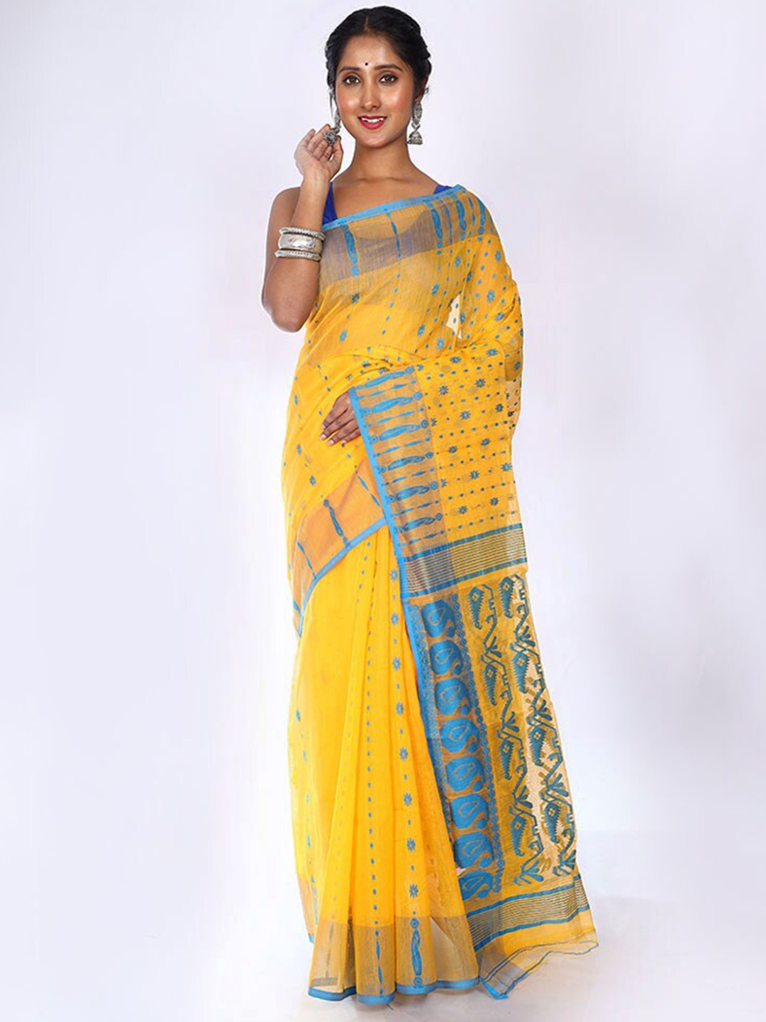 

AllSilks Floral Woven Design Taant Saree, Yellow