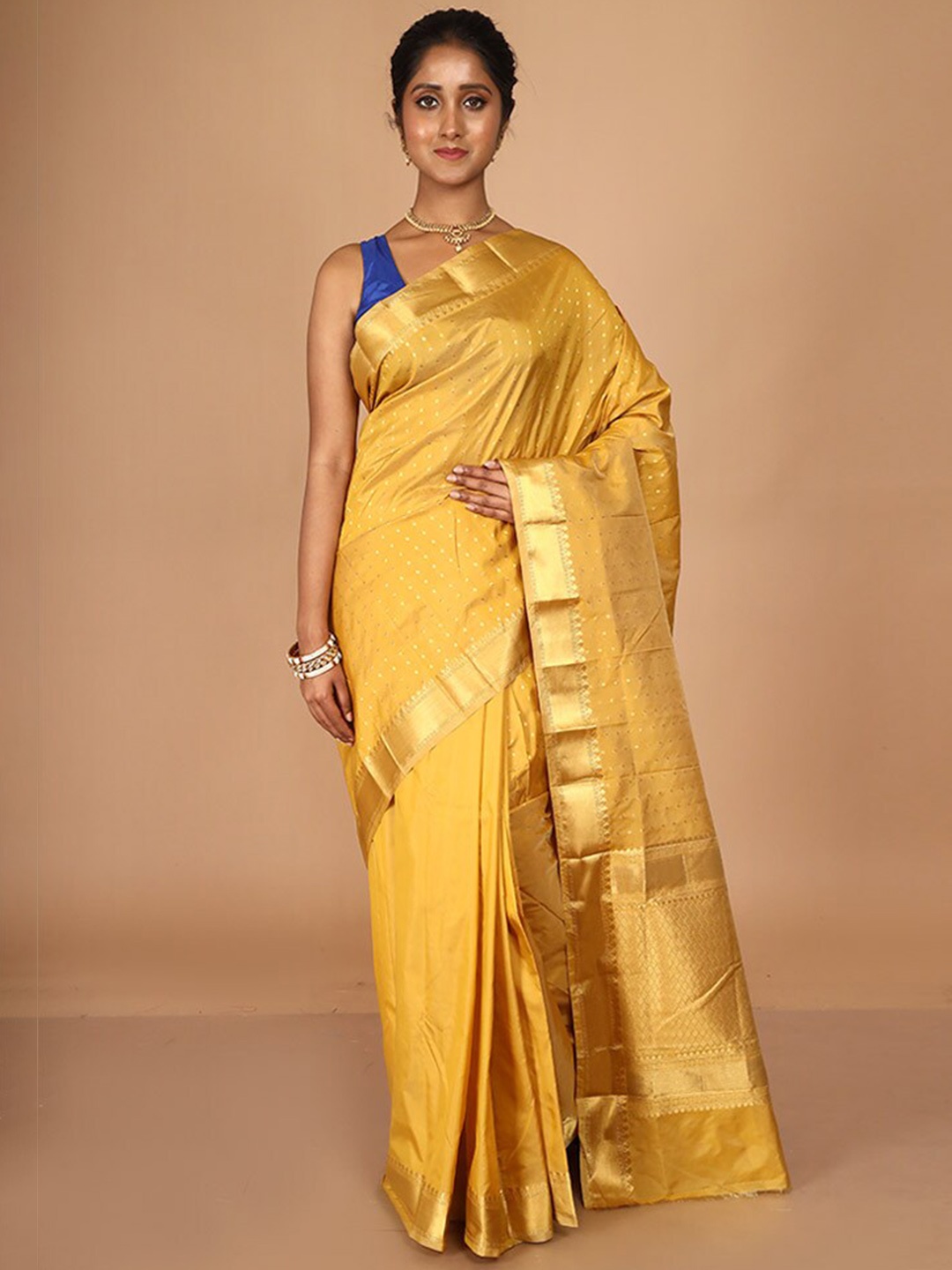 

AllSilks Polka Dot Woven Design Zari Kanjeevaram Saree, Yellow