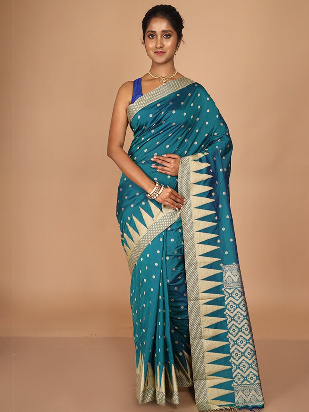 

AllSilks Polka Dot Woven Design Zari Kanjeevaram Saree, Green