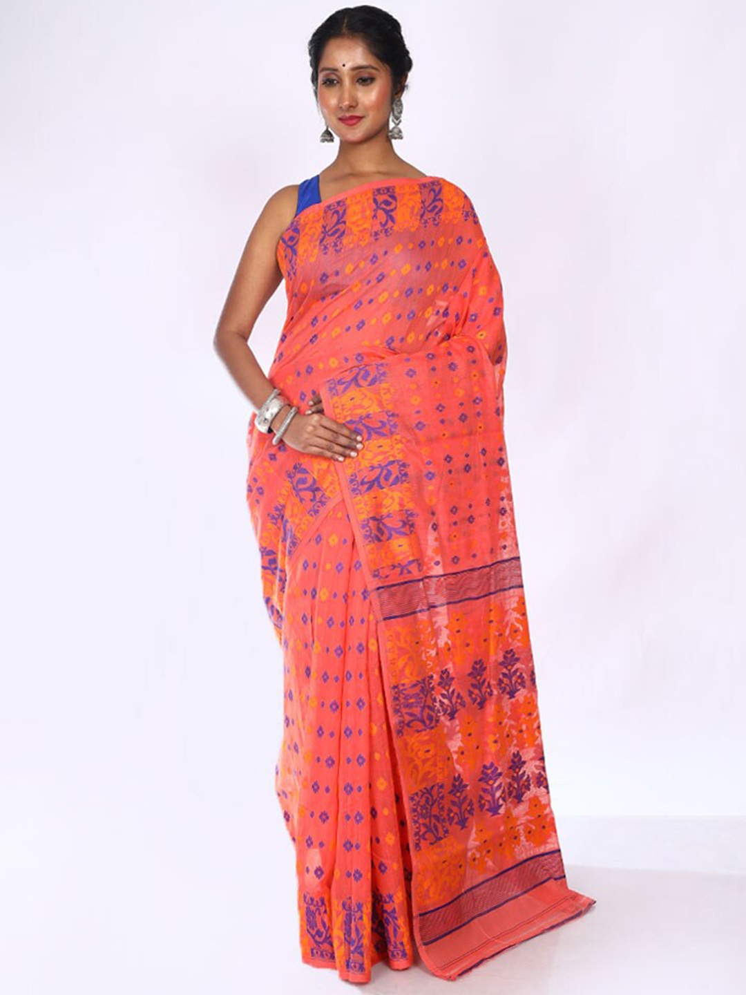 

AllSilks Floral Woven Design Taant Saree, Pink